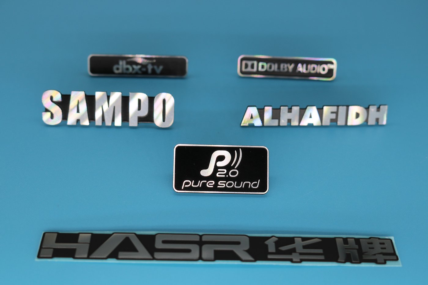 Custom aluminum nameplate with printed brand logo